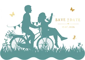Trouwkaart silhouet samen op 1 fiets met golfrand