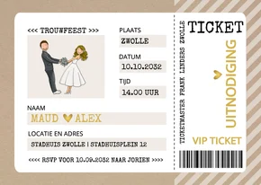 Trouwkaart ticket kraftlook met bruidspaar