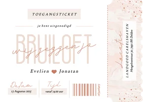 Trouwkaart ticket met roze marmer en hartjes