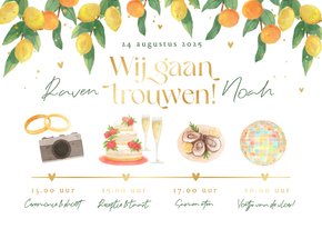 Trouwkaart tijdlijn illustraties zomer waterverf citrus goud