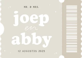 Trouwkaart uitnodiging ticket minimalistisch beige