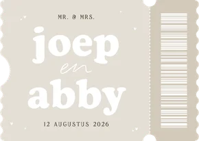 Trouwkaart uitnodiging ticket minimalistisch beige