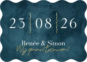 Trouwkaart wave vorm kaart donkerblauw stijlvol blauw goud