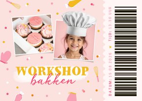 Uitnodiging bakfeestje bakspullen en foto's met koksmuts