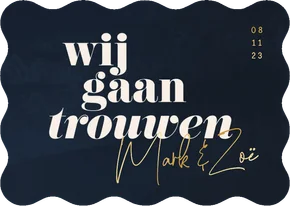 Uitnodiging bruiloft goud donkerblauw waterverf golfvorm