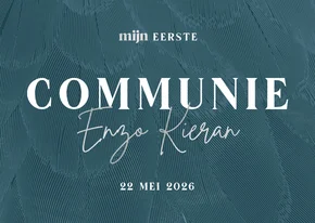 Uitnodiging communie blauw stijlvol met veren 