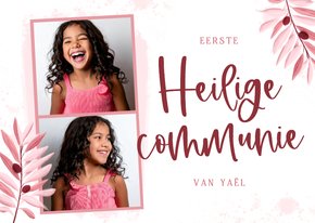 Uitnodiging communie meisje olijftakjes fotostrip roze