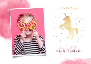 Uitnodiging communie of lentefeest unicorn meisje