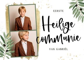 Uitnodiging communie olijftakjes fotostrip goud