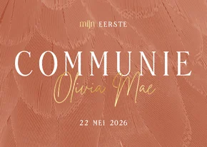 Uitnodiging communie stijlvol met veren terracotta