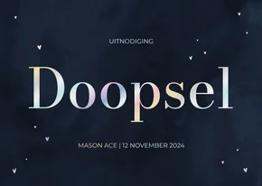 Uitnodiging doopsel donkerblauwe waterverf en holo hartjes