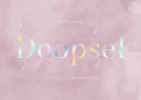 Uitnodiging doopsel lila waterverf en holo bloempjes