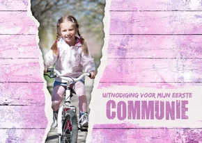 Uitnodiging eerste communie houtlook doorkijkje roze stoer