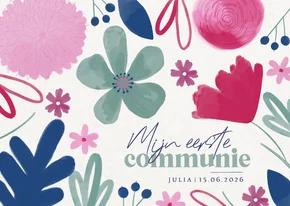 Uitnodiging eerste communie kleurrijke bloemen meisje