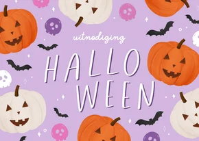 Uitnodiging feestje Halloween paars pompoenen vleermuizen