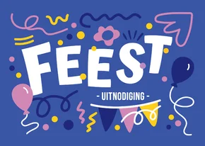 Uitnodiging feestje paars met ballonnen en confetti