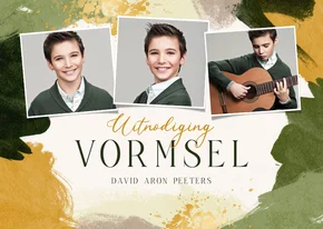 Uitnodiging heilig vormsel waterverf goud groen fotocollage