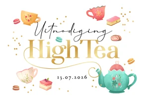 Uitnodiging high tea thee illustraties gebakjes confetti