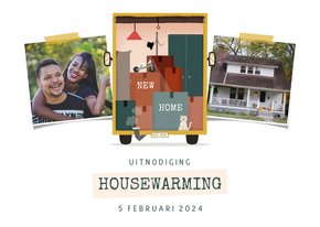 Uitnodiging housewarming met foto en verhuiswagen