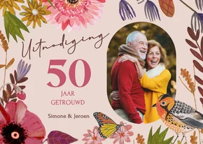 Uitnodiging jubileum bloemen, vogel en vlinder