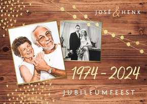 Uitnodiging jubileum goud hout stijlvol foto's hartjes