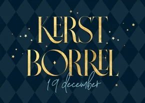 Uitnodiging kerstborrel goud ruitjes blauw zakelijk