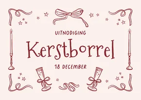 Uitnodiging kerstborrel roze doodle champagne strikjes