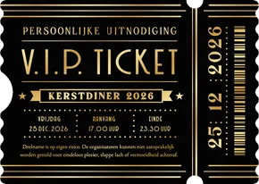 Uitnodiging kerstdiner in VIP ticket vorm zwart met goud
