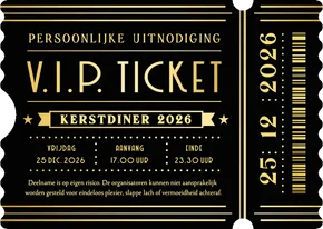 Uitnodiging kerstdiner in VIP ticket vorm zwart met goud