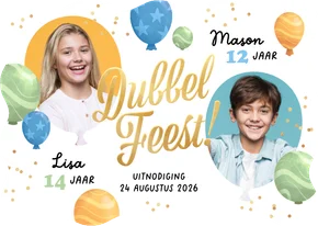 Uitnodiging kinderfeestje dubbel feest ballonnen confetti
