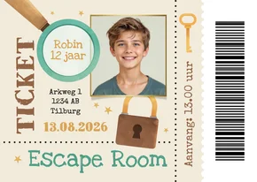 Uitnodiging kinderfeestje escape room ticket foto stoer
