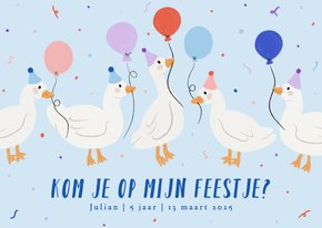 Uitnodiging kinderfeestje met gansjes ballonnen jongen