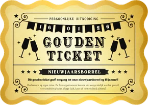 Uitnodiging nieuwjaarsborrel gouden ticket golvend