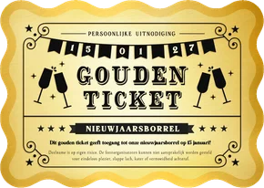 Uitnodiging nieuwjaarsborrel gouden ticket golvend