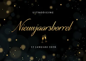 Uitnodiging Nieuwjaarsborrel zwart goudlook champagneglazen