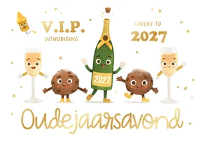 Uitnodiging oudejaarsavond champagne oliebollen humor