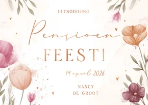 Uitnodiging pensioenfeest met bloemen met koperen hartjes