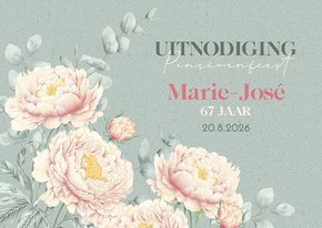 Uitnodiging pensioenfeest met pioenrozen