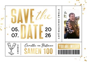 Uitnodiging save the date ticket goud samen 100 feestje 
