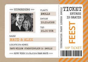 Uitnodiging ticket oranje met kraftlook