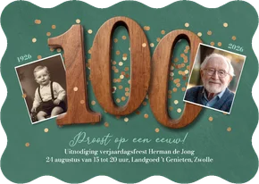 Uitnodiging verjaardag 100 eeuw oud vintage houten cijfers