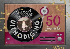 Uitnodiging verjaardag platenspeler vinyl lp foto roze