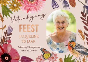 Uitnodiging verjaardagsfeestje bloemen, vogel en vlinder