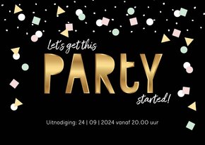 Uitnodiging zwart goud hip confetti