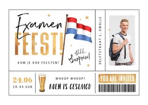 Uitnodigingskaart examenfeest ticket vlag goud bier foto