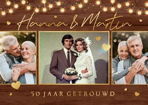 Uitnodigingskaart jubileumfeest hout goud lampjes confetti