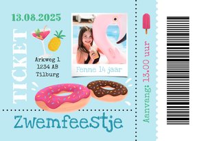 Uitnodigingskaart ticket zwemfeestje tropisch donut foto 