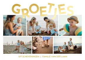 Vakantiekaart fotocollage 6 foto's en gouden groetjes