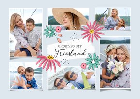 Vakantiekaart met zes foto's groetjes uit en bloemen