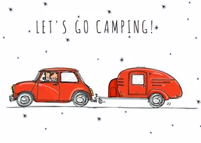 Vakantiekaart rode auto met caravan.